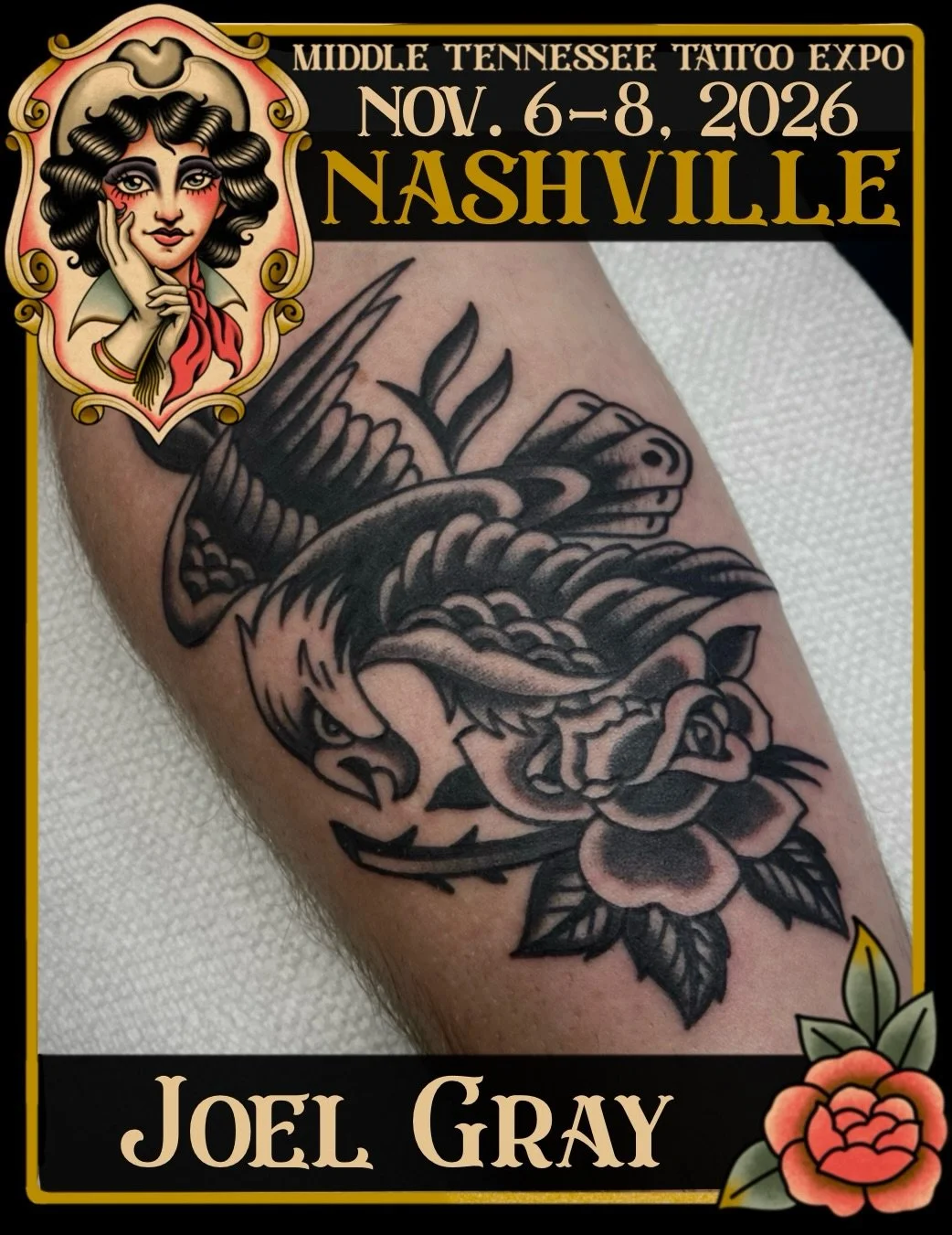 When your last name matches your style 🩶🖤 Black and grey traditional artist @joel.graytattoos will be coming to the Middle Tennessee Tattoo Expo! Bring your ideas to Joel, pick out some flash, or secure a spot by booking ahead via Instagram DMs.