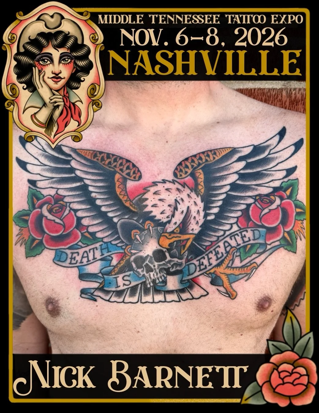Get you a piece of art you&rsquo;ll take to the grave! 🪦💀 American &amp; Japanese traditional tattoo artist @nickxbarnett is back tattooing at the Middle Tennessee Tattoo Expo this year. Pick out some flash or book ahead via the email&nbsp;tenderta