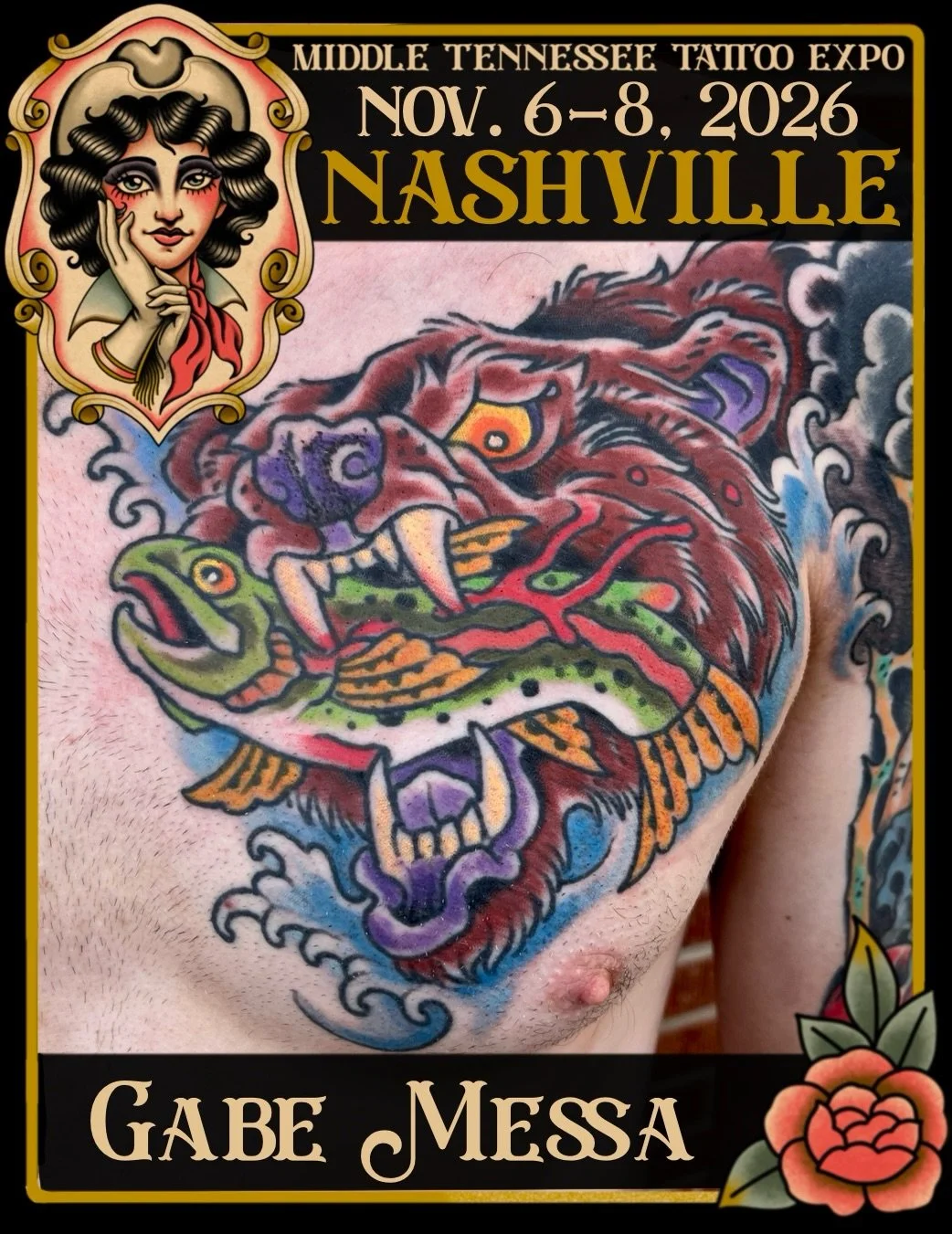 We are so excited we can&rsquo;t bear it! 🐻🐠 Illustrative traditional artist @messa.tattoo will be joining us this year at the Middle Tennessee Tattoo Expo. Bring your ideas to Gabe, pick out some flash, or DM to book ahead!
&bull;
&bull;
Middle Te