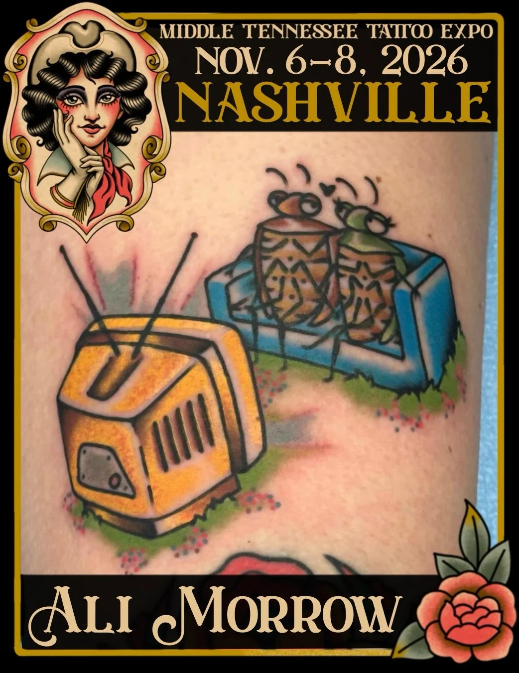 Time to bug your friends to get new tattoos with you! 🪲🪳🐞 @terminatrixx is back at MTTE and wants to tattoo traditional and ornamental tattoos on you! Walk up to Ali&rsquo;s booth and pick out some flash or book ahead via email&nbsp;morrowtattoos@