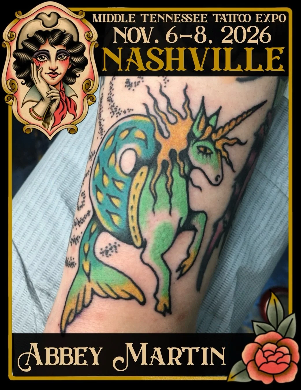 Some of our favorite creatures to feature come from @abbeytat 🦄 Middle Tennessee Tattoo Expo welcomes back traditional tattoo artist @abbeytat this fall! Bring your ideas to her, pick out some flash or book ahead via email&nbsp;abbeymartintattoo@gma