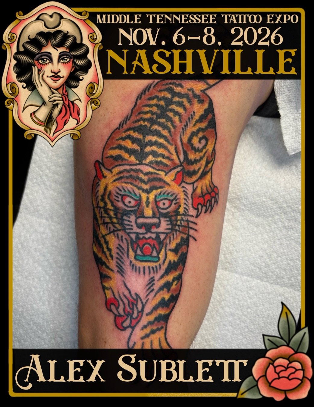 Big cats and cool tats! 🐅🖤 American Traditional artist @alexsublett_tattoo is coming back to the Middle Tennessee Tattoo Expo to tattoo YOU! Pick out some flash at Alex&rsquo;s booth or secure a spot by booking ahead via email&nbsp;sublett.tattoo@g