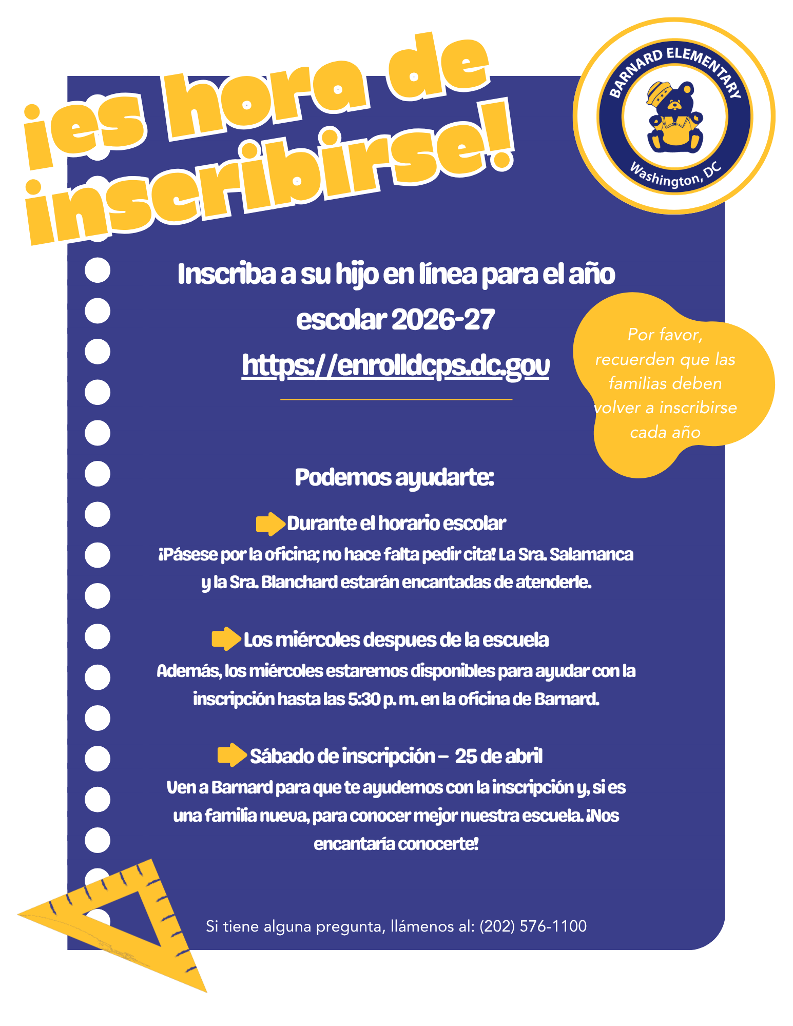 A flyer from Barnard Elementary encouraging parents to enroll their children for the 2026-27 school year online at the school website. The flyer includes details about office visits, enrollment deadlines, and a contact phone number.