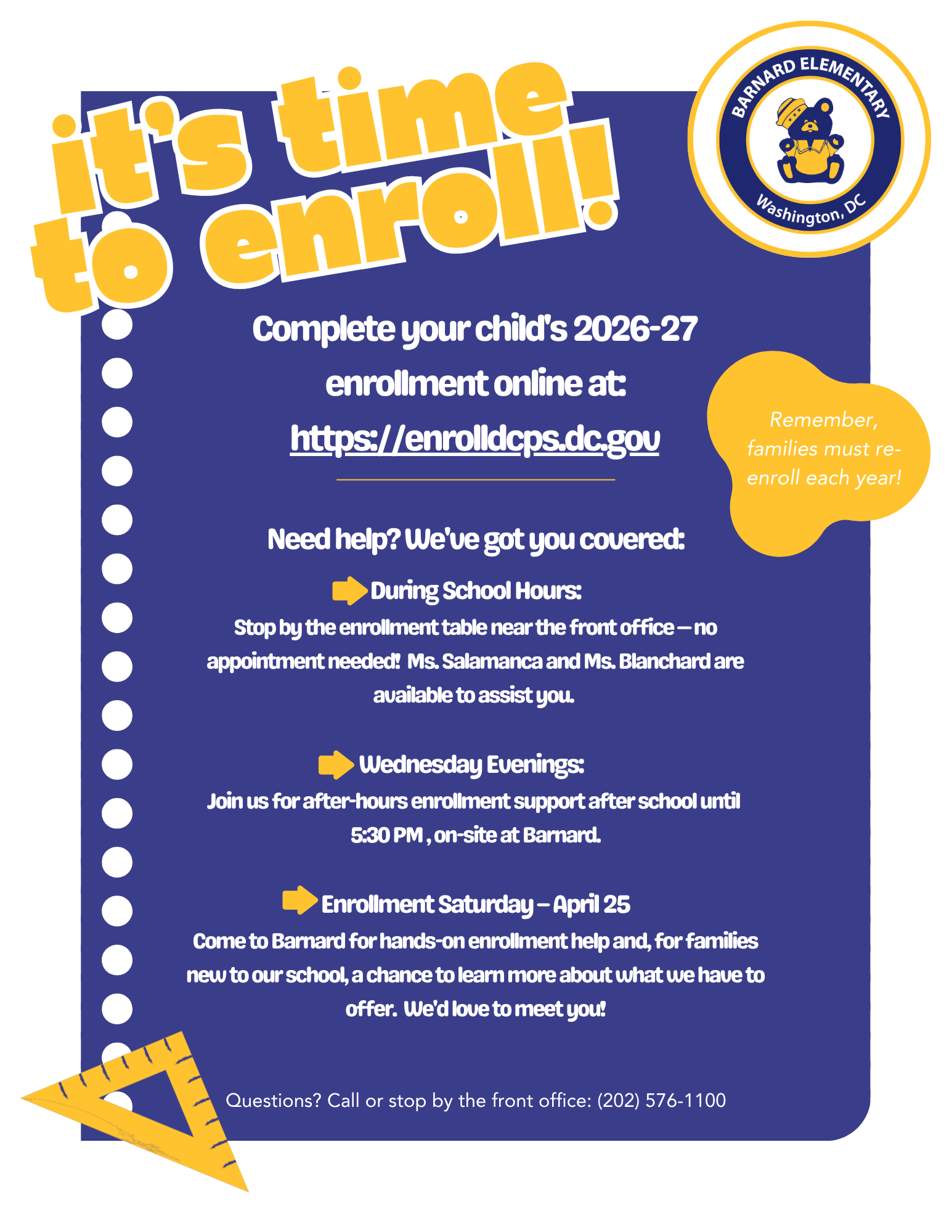 A flyer for Barnard Elementary promoting enrollment for the 2026-27 school year. It provides online registration details, assistance during school hours, after-hours support on Wednesdays, and an on-site enrollment event on April 25. The flyer includes a mascot logo with a bear, a yellow ruler, and a yellow triangle ruler, with colorful text and guidance for parents.