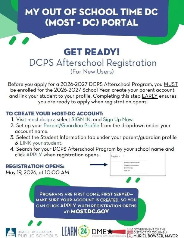 Poster with details on how to create a new MOST.dc.gov account.
