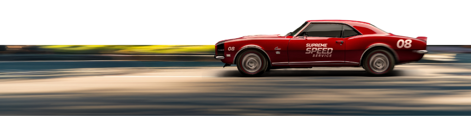 A red Supreme Speed Service muscle car racing past in a blur of motion