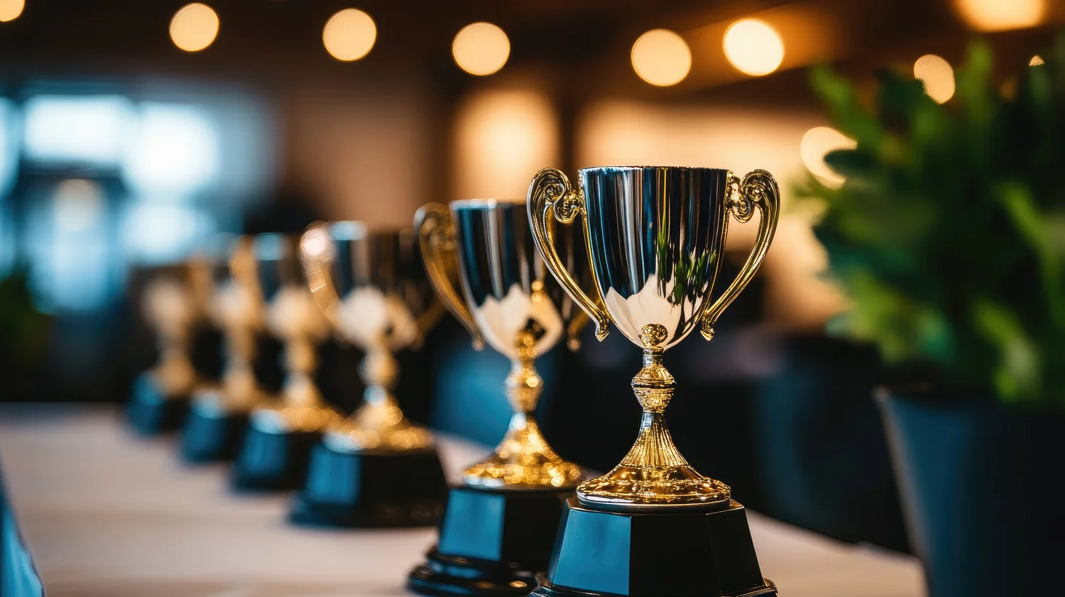 A row of gold trophies on a table with warm lights glowing in the background
