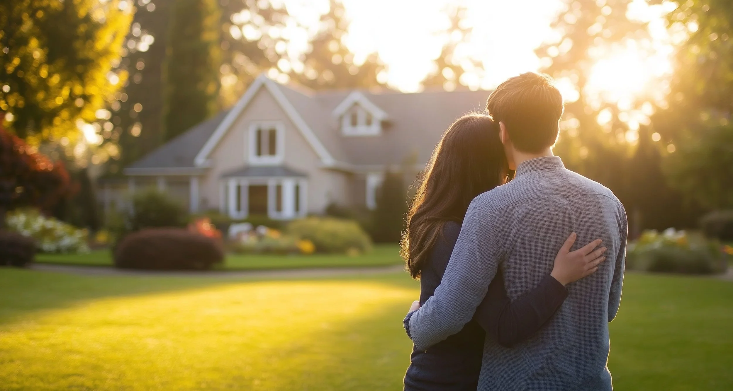 A couple embracing on the lawn in front of a home at golden hour