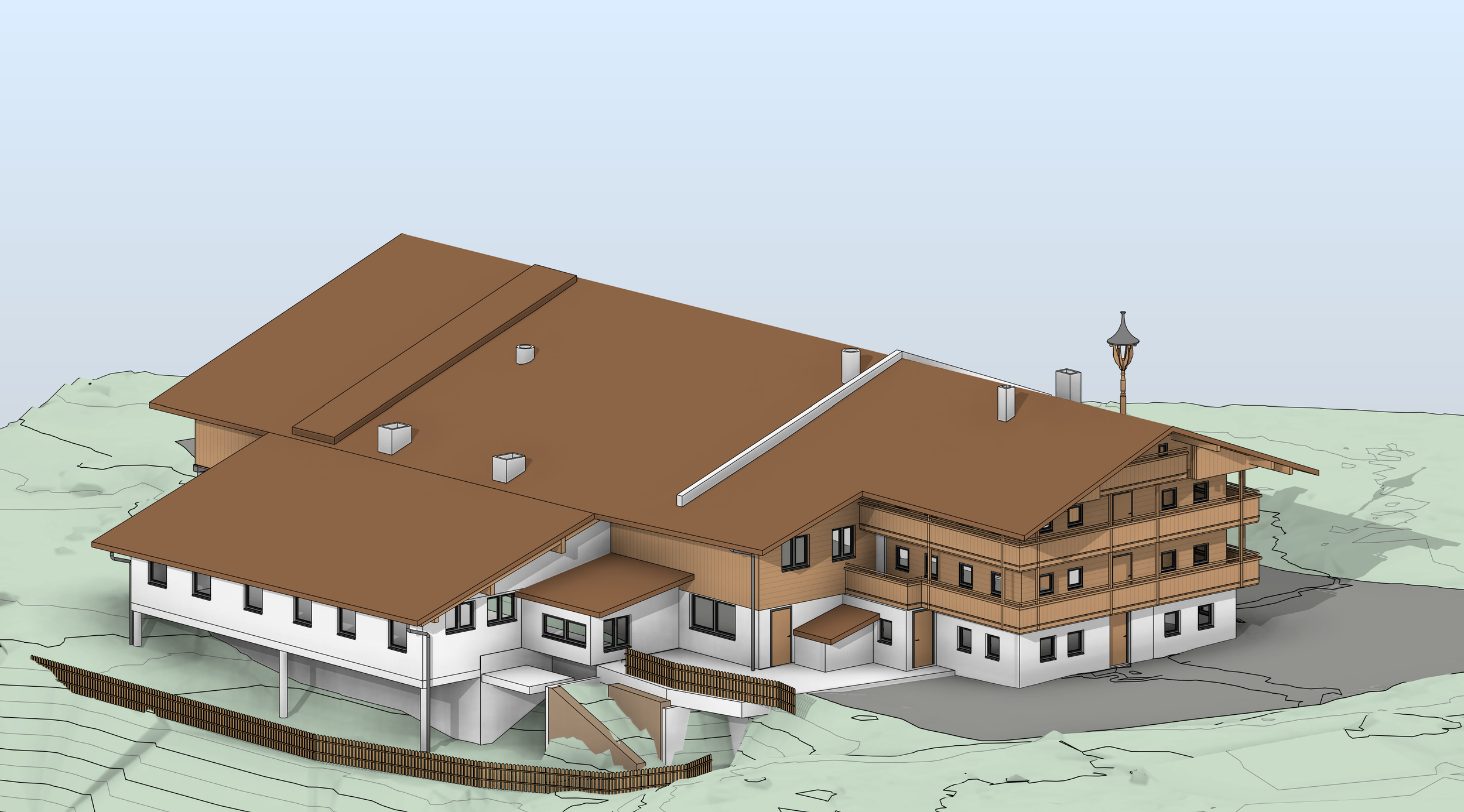 Eine digitale Zeichnung eines mehrstöckigen Hauses mit braunem Dach und weißen Wänden, umgeben von grüner Landschaft.
