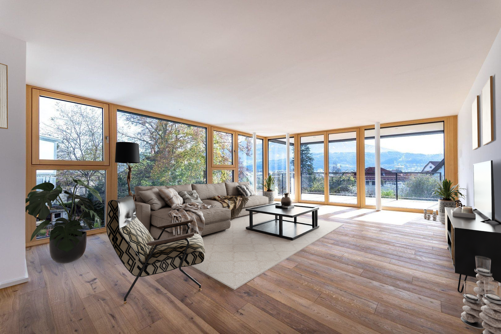 Visualisierung eines modernen Wohnzimmers mit großen Fenstern, beigem Sofa, schwarzen Beistelltisch, Sessel mit geometrischem Muster, Pflanzen, Stehlampe und Blick auf Berge und Himmel im Hintergrund