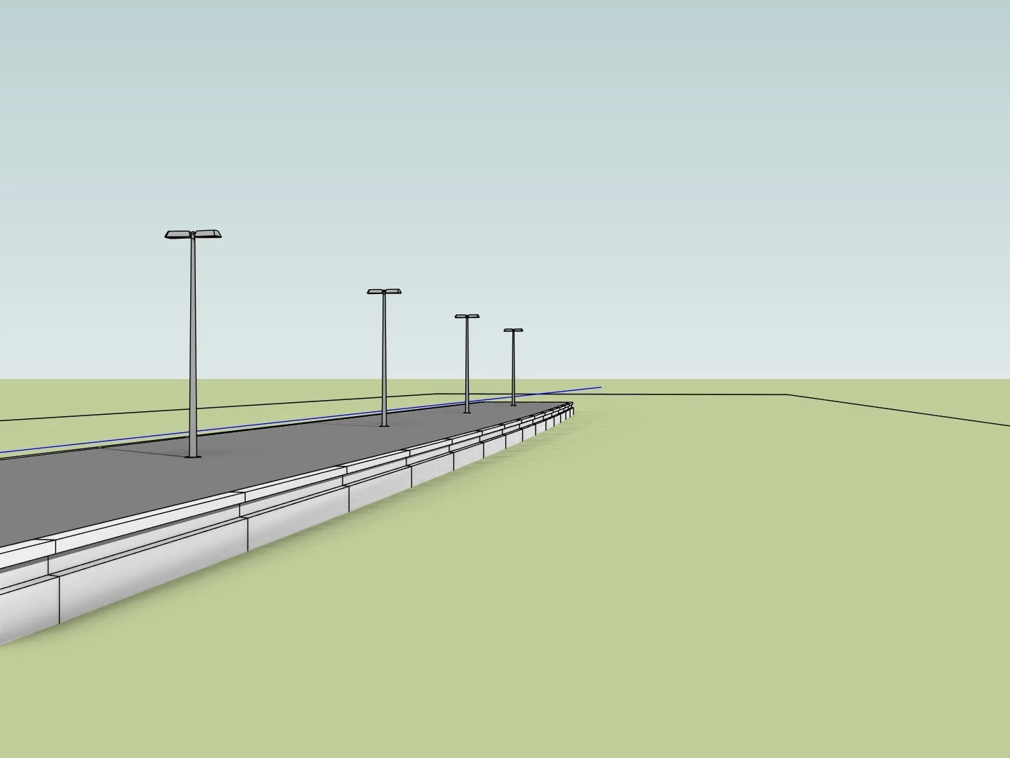 Grafische Darstellung einer Gebäudefassade mit mehreren Laternenleuchten und einer großen Treppe, umgeben von grünem Gelände.