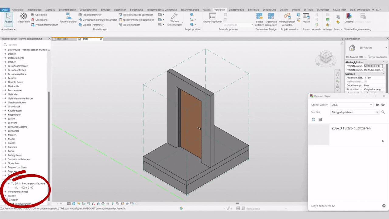 3D-Modell einer Tür, die auf einer Plattform steht, in einer CAD-Software. Es sind verschiedene Modelldetails und Werkzeugleisten sichtbar.