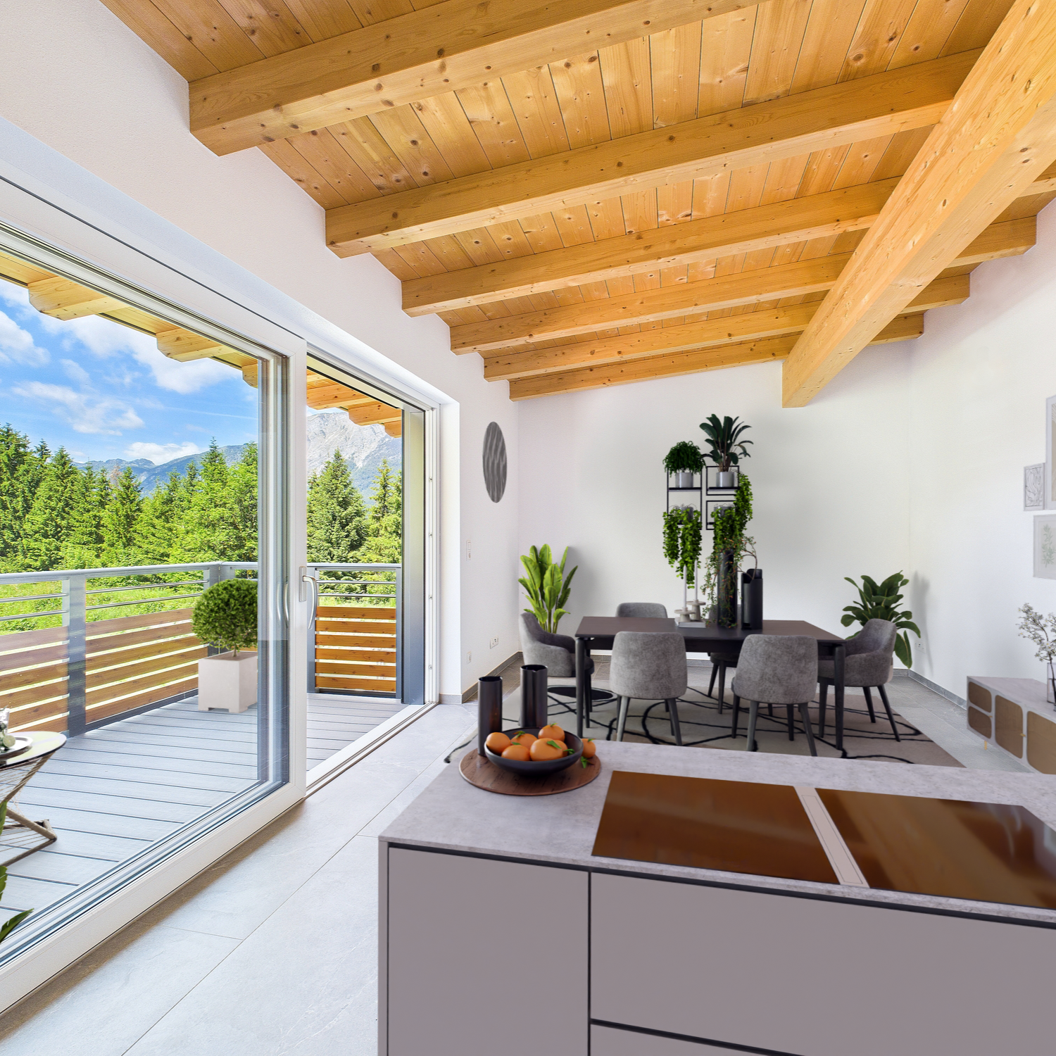 Visualisierung eines modernen Wohnzimmers mit offener Tür zum Balkon, Holzdecke, gedecktem Tisch mit Stühlen, zahlreichen Pflanzen und einer Kücheninsel im Vordergrund