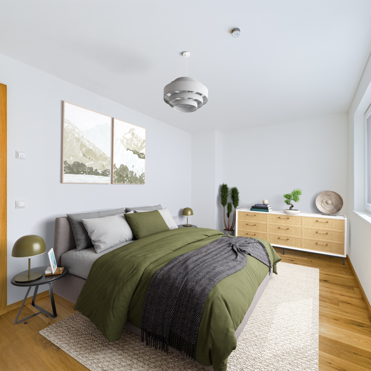 Visualisierung eines Schlafzimmers mit grünem Bett, seitlichen Nachttischen mit Lampen, Wandkunst, einem weißen Sideboard mit Deko-Objekten und zwei großen Fenstern an der rechten Seite