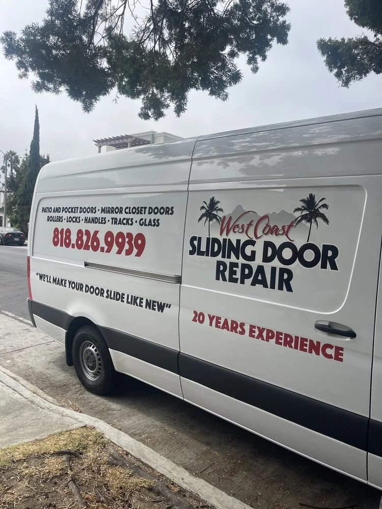 West Coast Sliding Door Repair van sits parked on a street in Santa Clarita