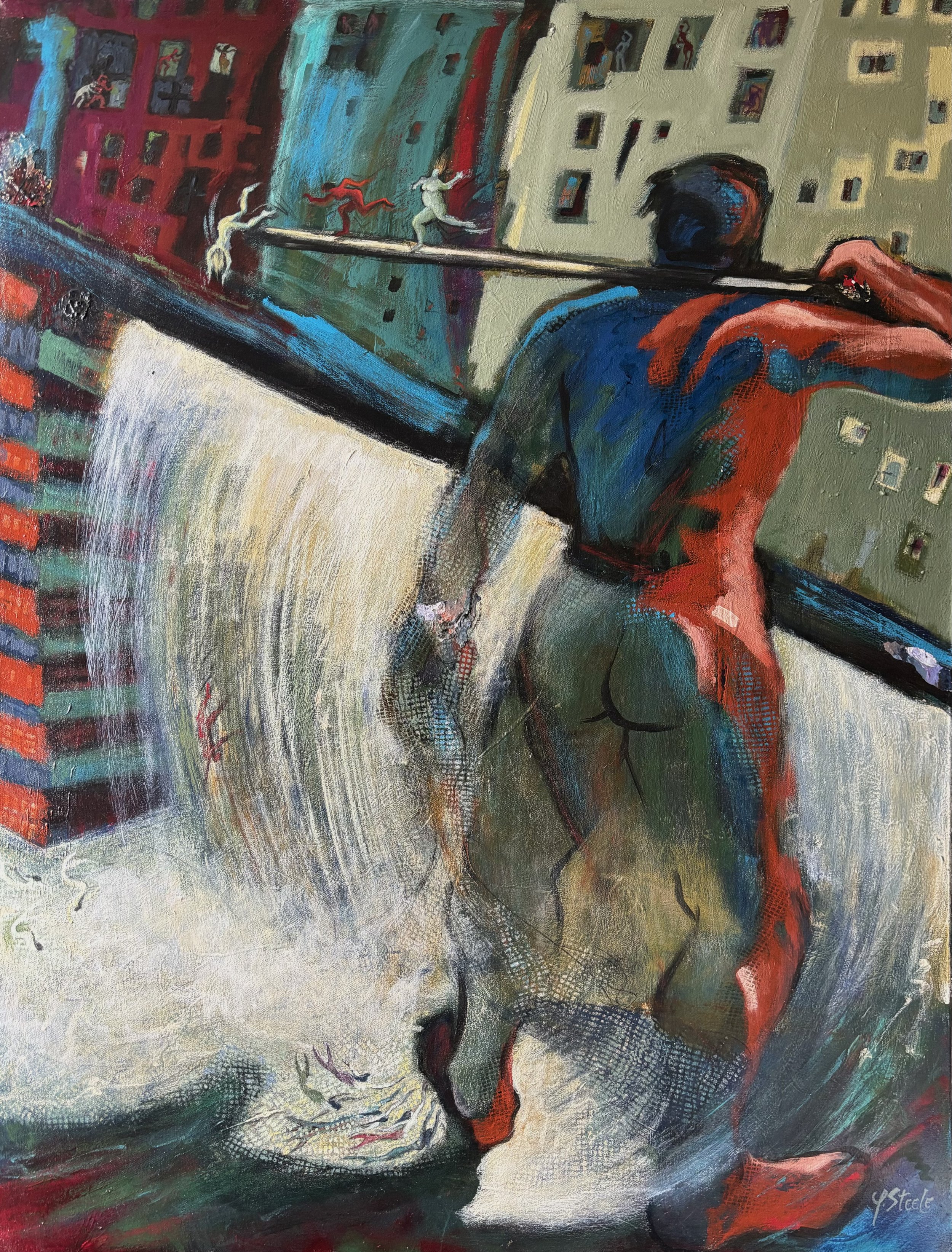 Flesh Power.
The painting examines the complex dynamics of strength, desire, and autonomy. It demonstrates power and control, highlighting the tension between freedom and captivity and raising questions about the nature of power—whether it liberates