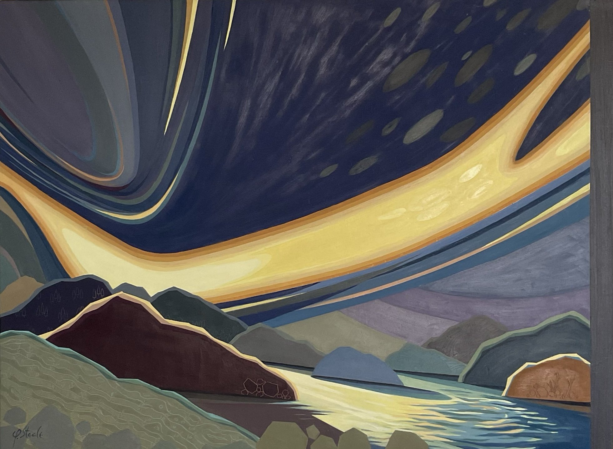 ‘Sky Banner’ is an oil semi abstract landscape. Inspired by dynamic light, beauty of landform and reflection on water. Sketches were made in Georgian Bay, Ontario, Canada and finished in studio.
Third award winner in the 59th EAG Juried show at Etob