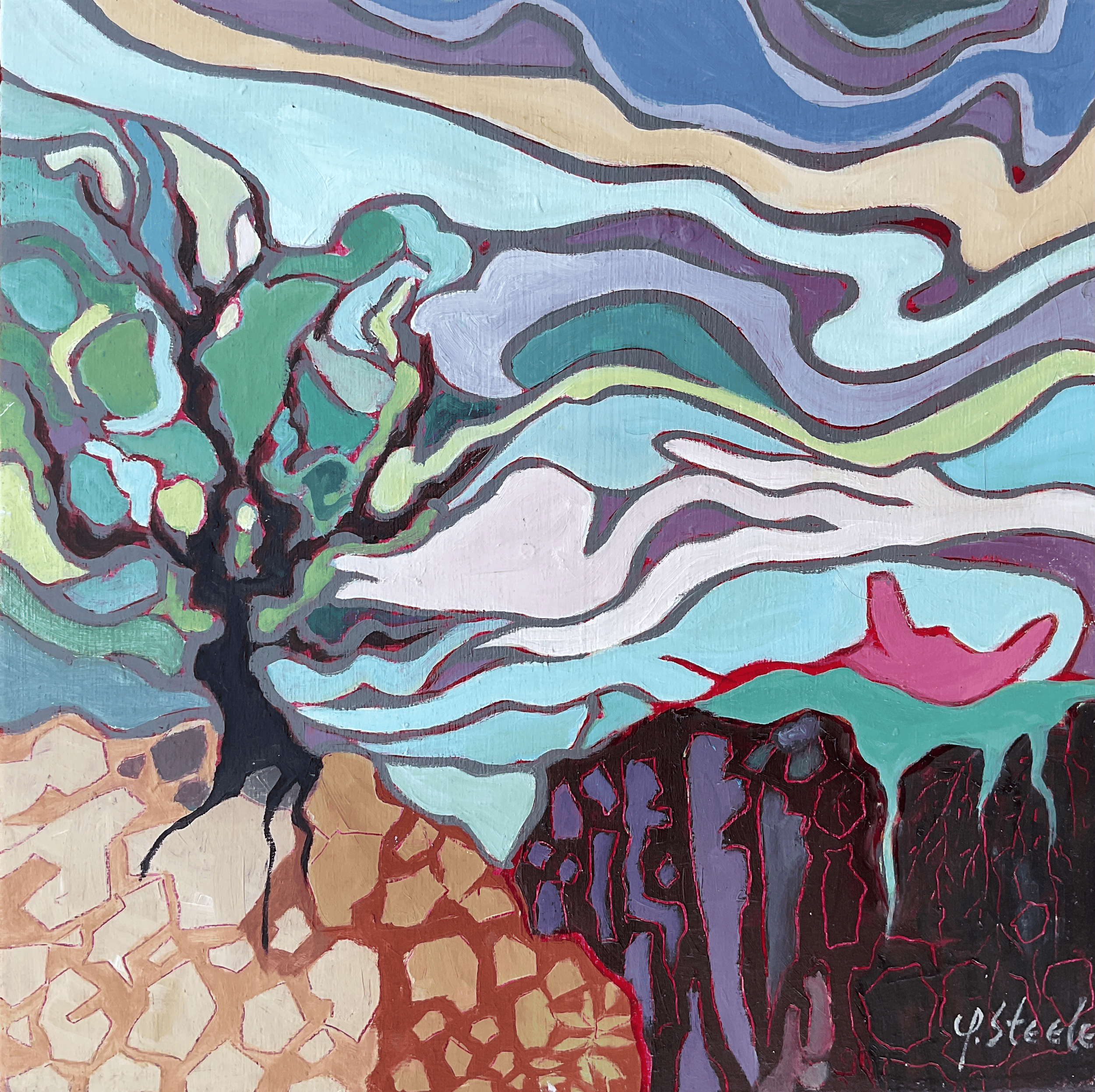 'Rainbow Clouds' is a semi-abstract cloudscapes painting. Interpreted from Plein-air drawings of clouds above a cliff. Inspired from seeing a tree skeleton swaying against the moving clouds on the sky. The reinterpreted design is painted on the spot.
