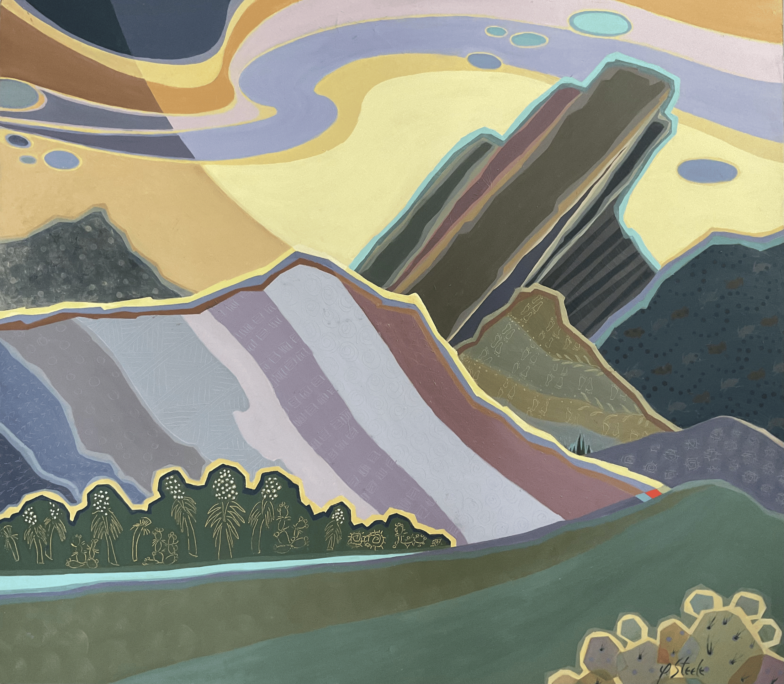 'Yucca Flat' is an oil semi abstract landscape. Sketches were made in the Sonoran Desert. Finished in studio, Toronto, Canada.
The Sonoran Desert's beautiful terrain, searing heat, intense light, whipping winds, irregular shape of clouds and travell
