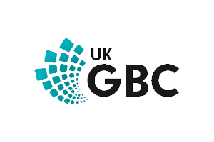 UK GBC logo with a circular blue mosaic design and bold black text