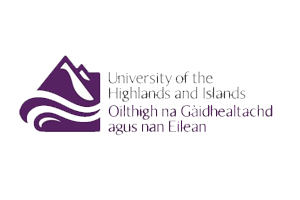 University of the Highlands and Islands logo with purple mountain and wave design and text in English and Gaelic.
