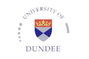 University of Dundee logo with a shield featuring a crown, a red background, and blue and white sections, accompanied by text.