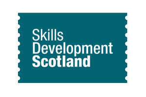 Logo with words Skills Development Scotland on a teal background