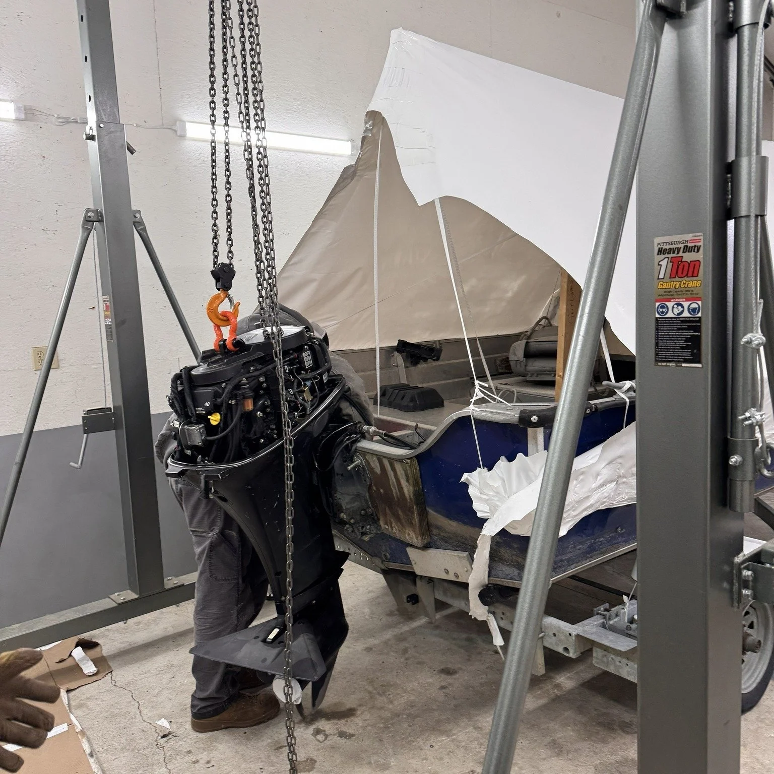 ⚓ Inside a Repower - Step # 8 
 
Removing the Old Motor

Goodbye old faithful 👋 
OR 
Out with the old &mdash; carefully and methodically.

Removing the Old Motor
&bull; Disconnect controls
&bull; Fuel line
&bull; Electrical
&bull; Lift with hoist

W