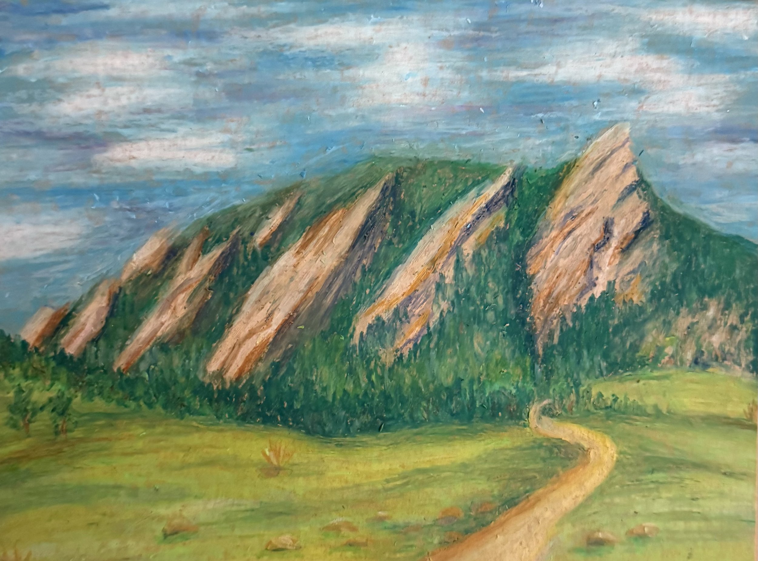 A landscape painting featuring a prominent mountain with green slopes and a brownish peak, set against a background of a blue sky with scattered light clouds. The foreground shows a grassy field with a winding yellowish path.
