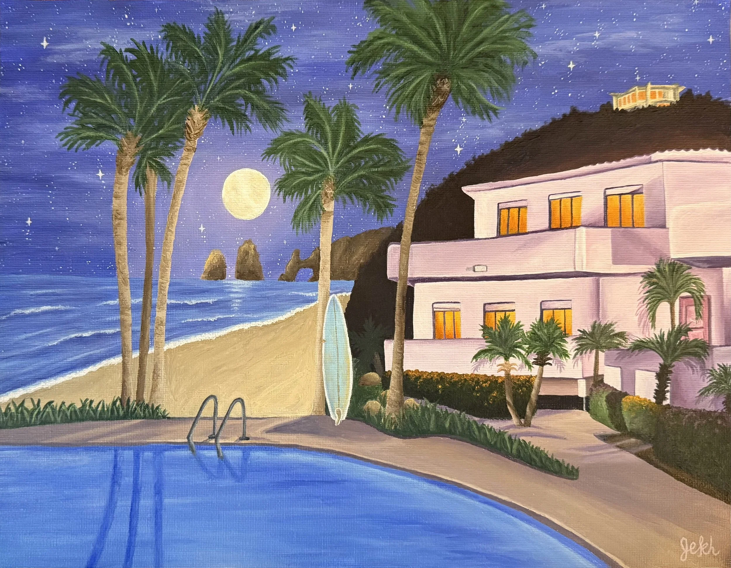 A nighttime scene at a beach house with tall palm trees, a full moon, and a starry sky. A pool with a surfboard leaning against a tree is in the foreground, and the house has warm lights glowing from the windows.