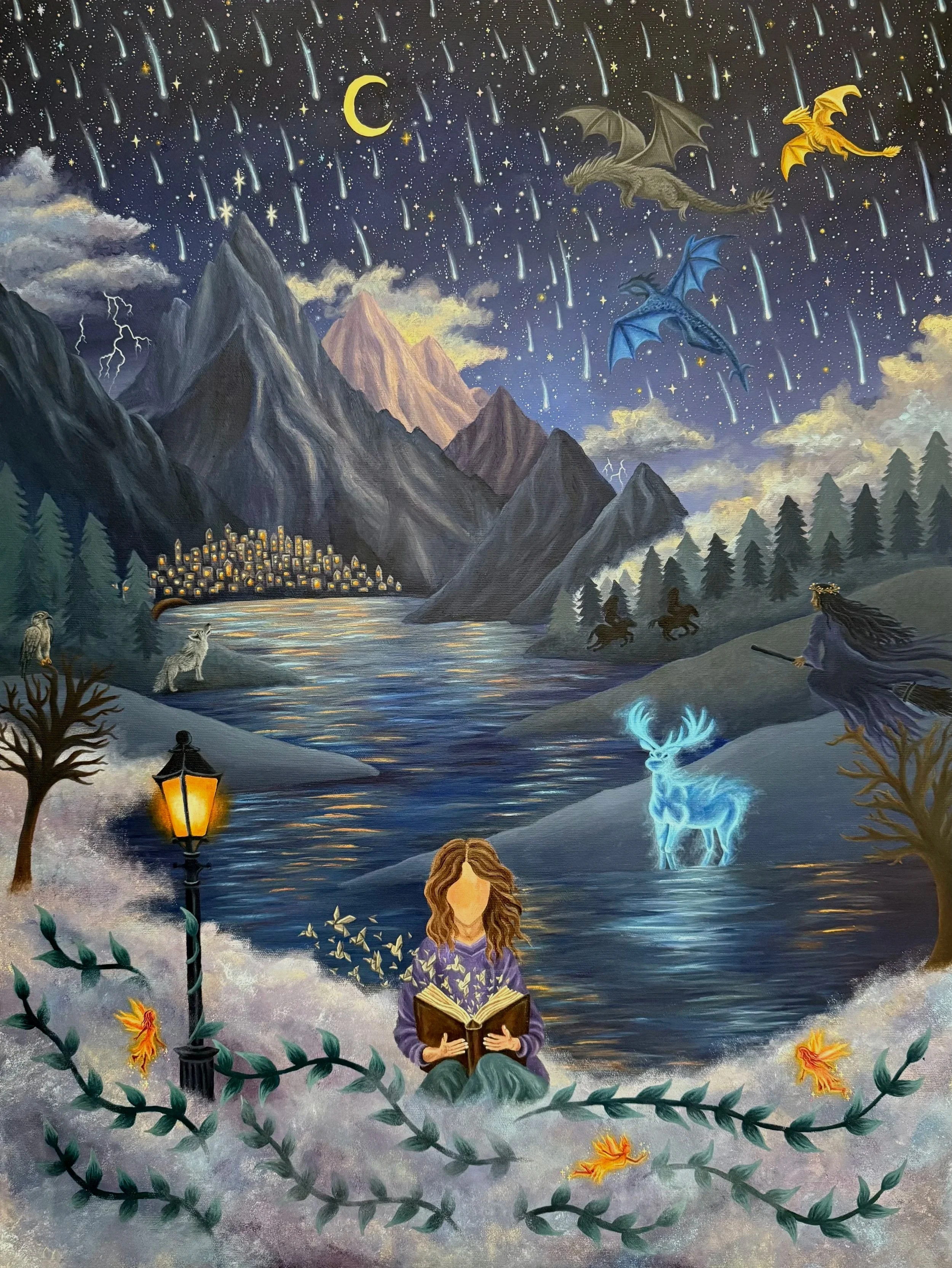 A fantasy landscape with mountains, a river, a village with glowing lights, and a forest. The sky is filled with stars, shooting stars, and a crescent moon. Flying dragons of different colors are present, along with a glowing blue deer. A woman with 
