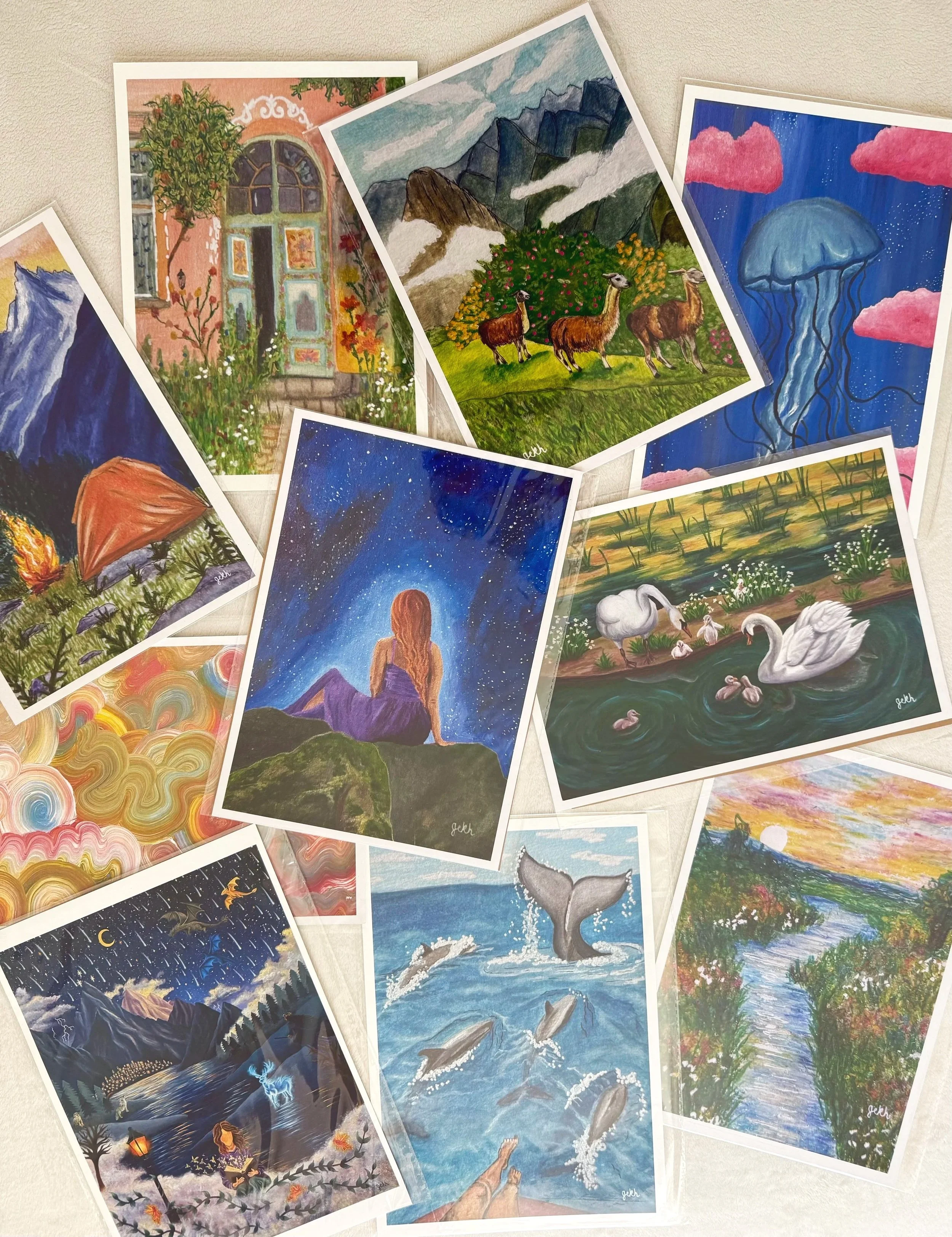 Collection of colorful landscape and nature paintings including mountains, waterfalls, animals, night sky, and surreal scenes.
