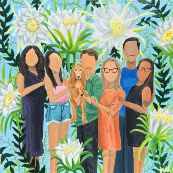 A colorful painting of six people and a dog standing among large white flowers and green foliage. The faces are faceless, but the group appears to be enjoying a moment together outdoors.