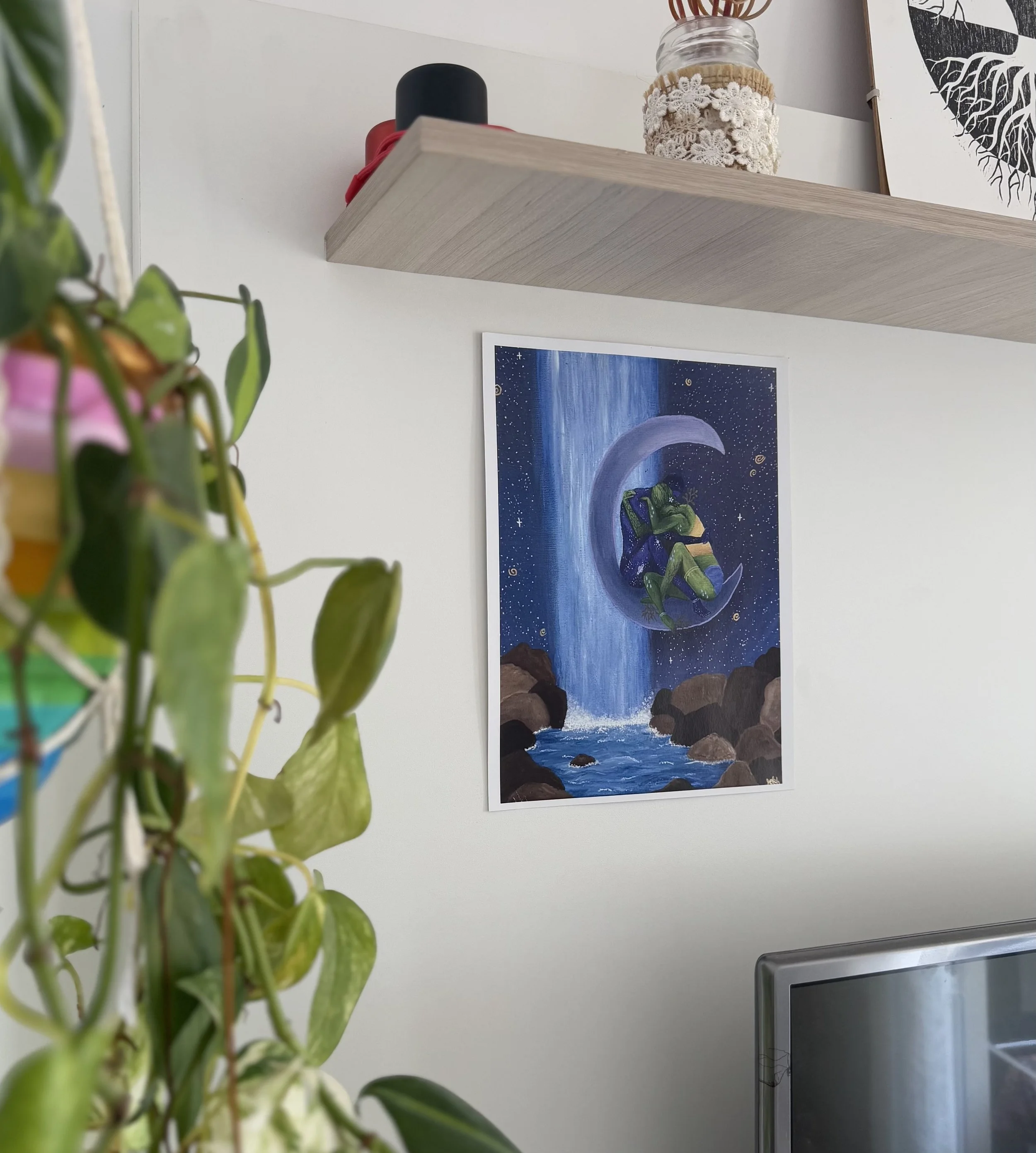 Wall-mounted wooden shelf with a jar decorated with lace, a black and red object, and framed artwork of a night sky and moon. Part of a green plant is visible in the foreground, and a television screen is partially visible in the bottom right corner.