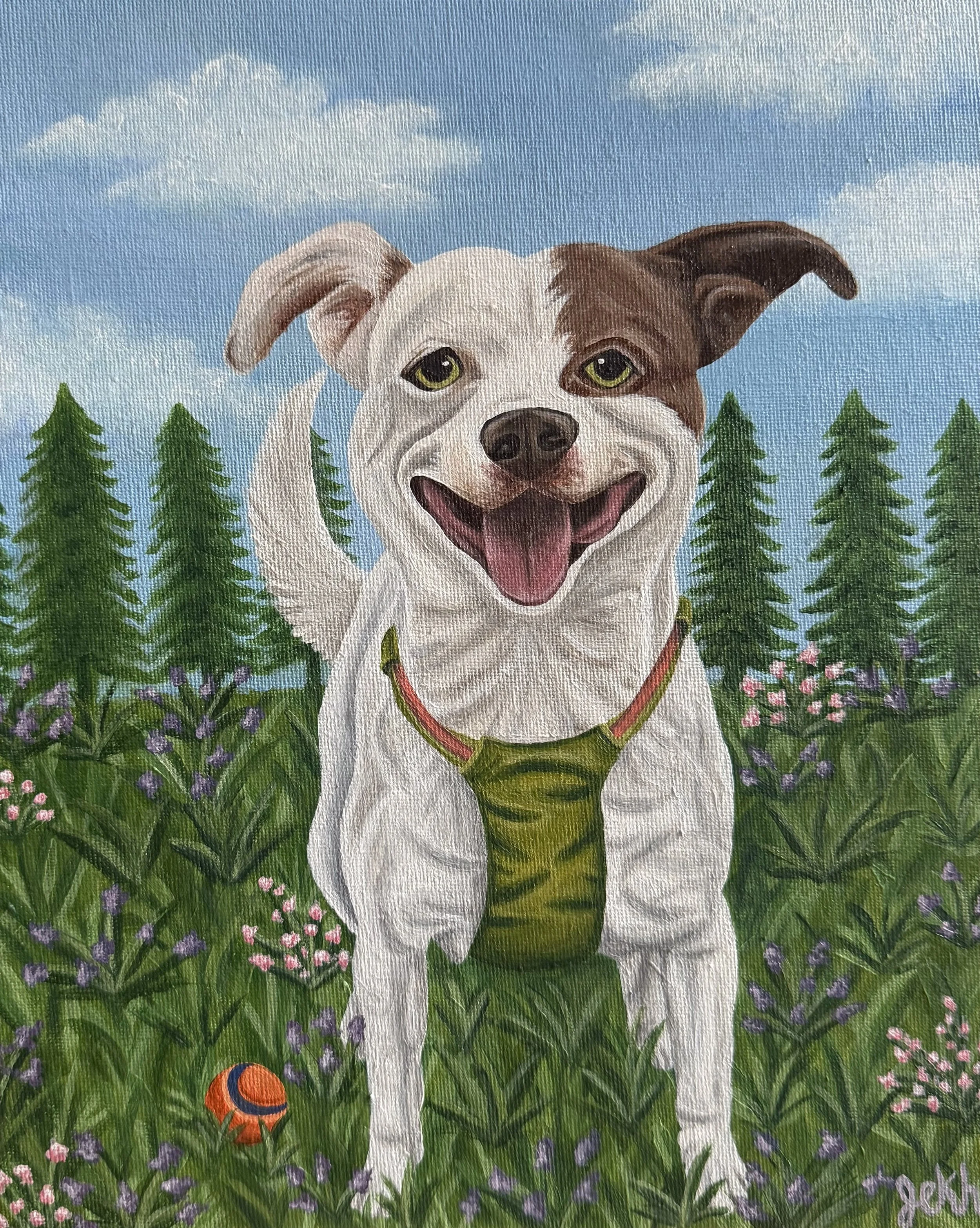 A painting of a happy dog with a brown and white face, floppy ears, and a red collar, standing in a field of purple and pink flowers with tall green trees and a blue sky with white clouds in the background.