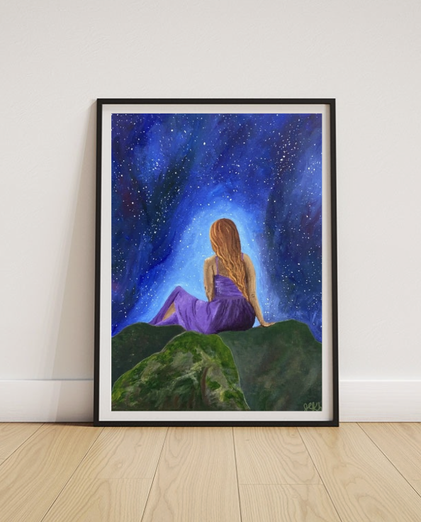 Painting of a woman with long brown hair sitting on a green hill, gazing at a starry night sky with a glowing blue nebula.
