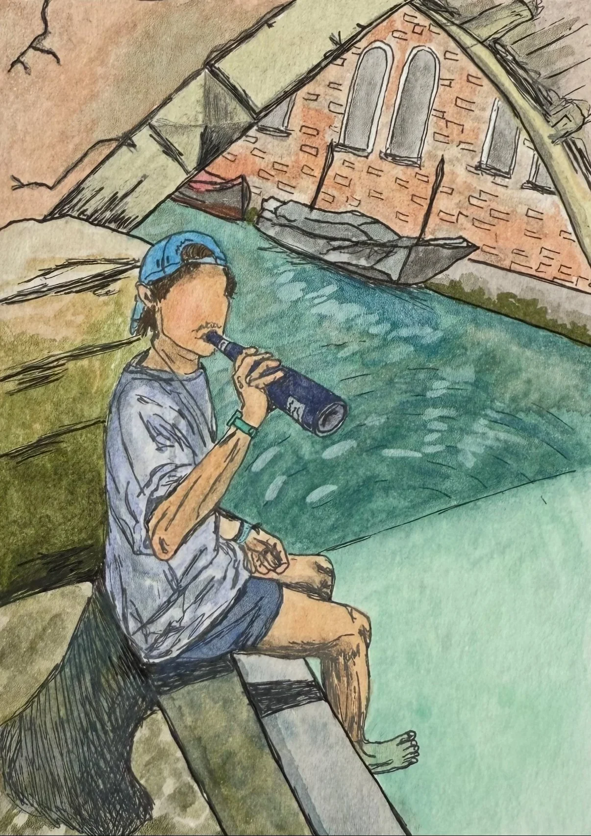 A watercolor drawing of a boy sitting on a wooden bench, wearing a blue cap, gray shirt, and shorts, drinking from a bottle. In the background, there is a large brick building with multiple windows, a small stone bridge, and a body of water.