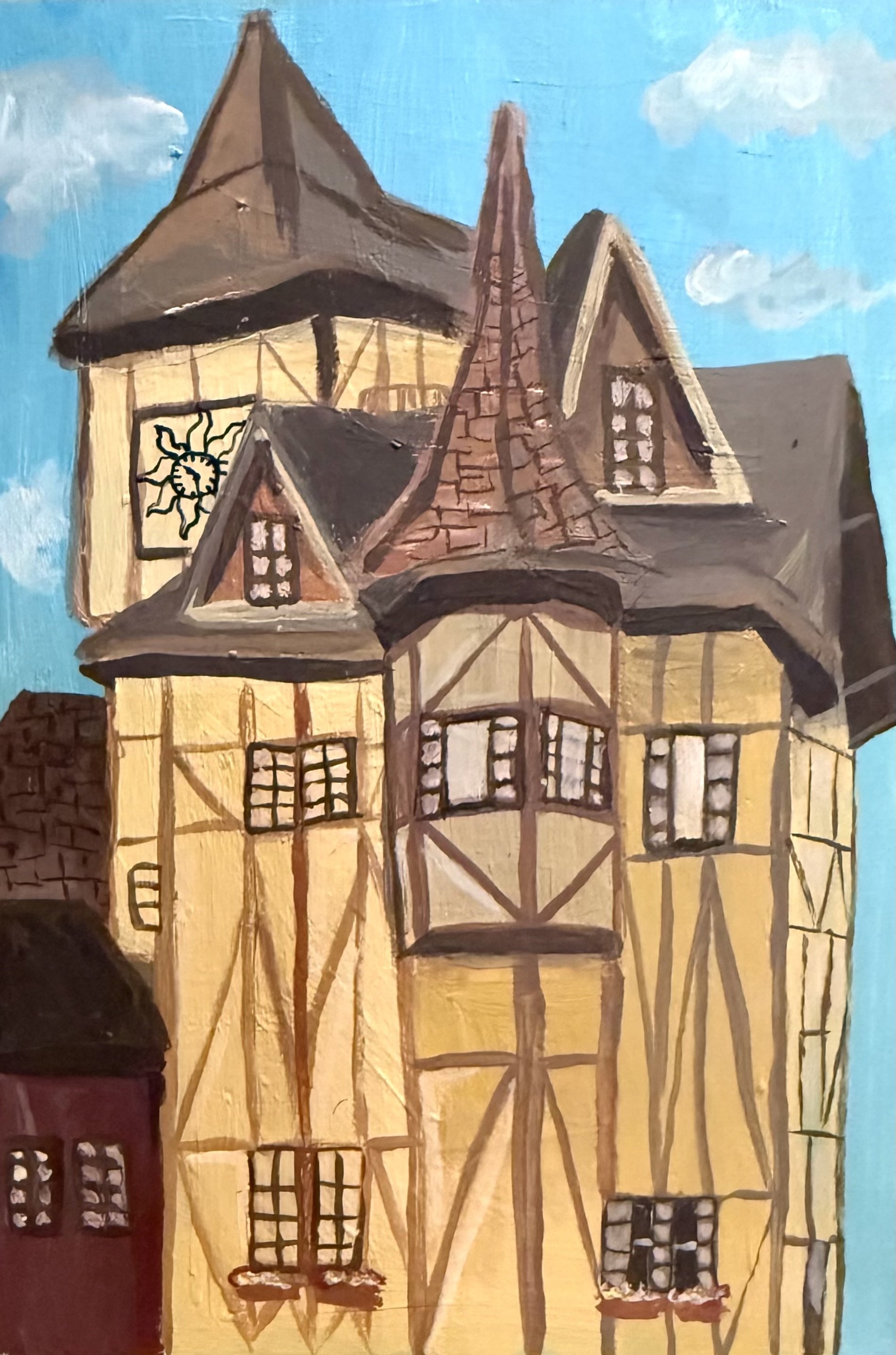 A colorful painting of a tall, yellow house with multiple rooftops, windows, and a chimney, set against a blue sky with clouds.