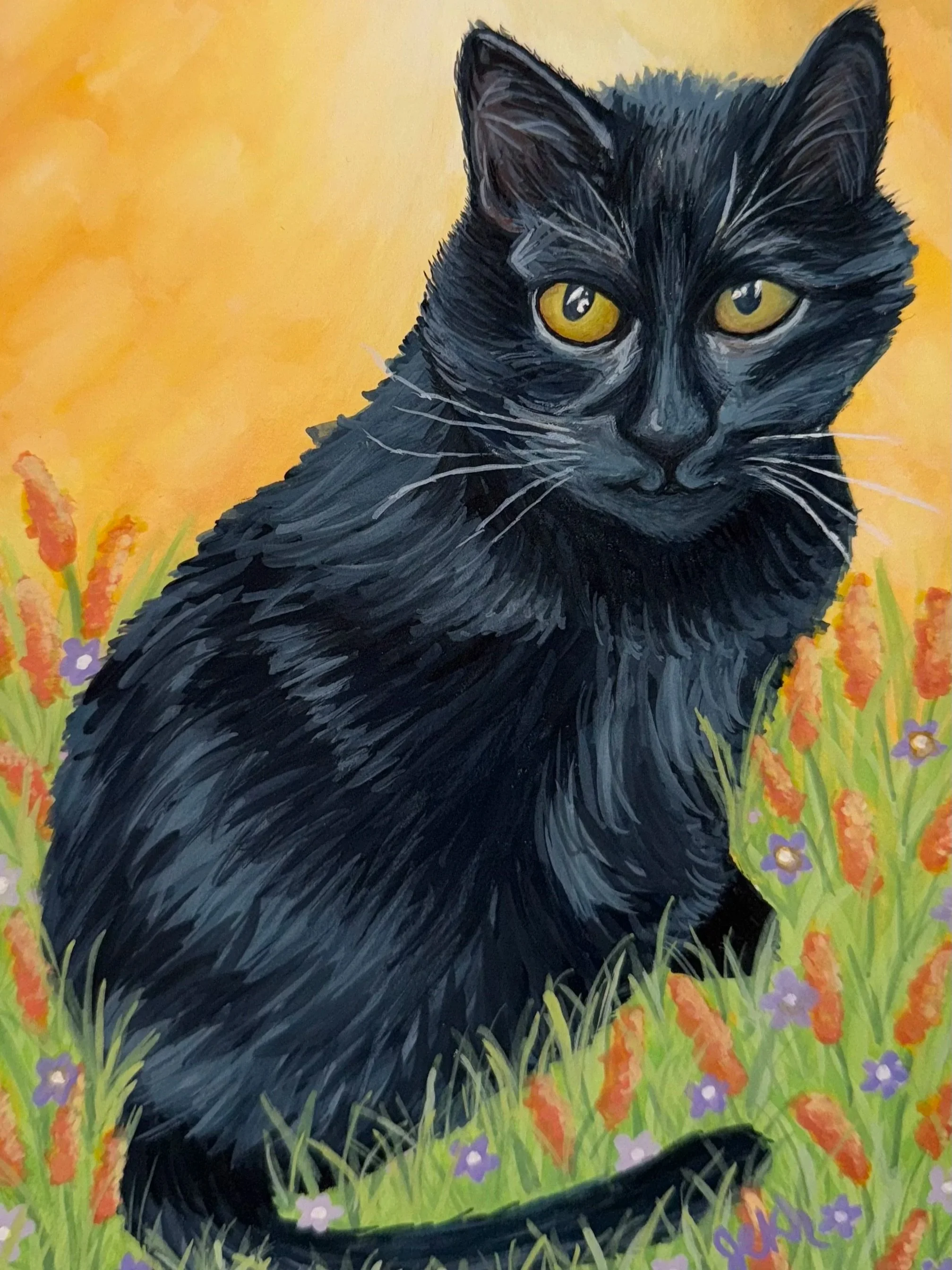 Painting of a black cat with yellow eyes, surrounded by grass and colorful flowers, against a yellow background.