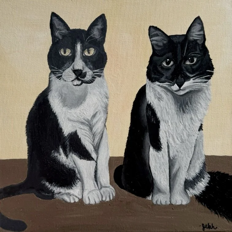 Painting of two black and white cats sitting side by side on a brown surface with a beige background.