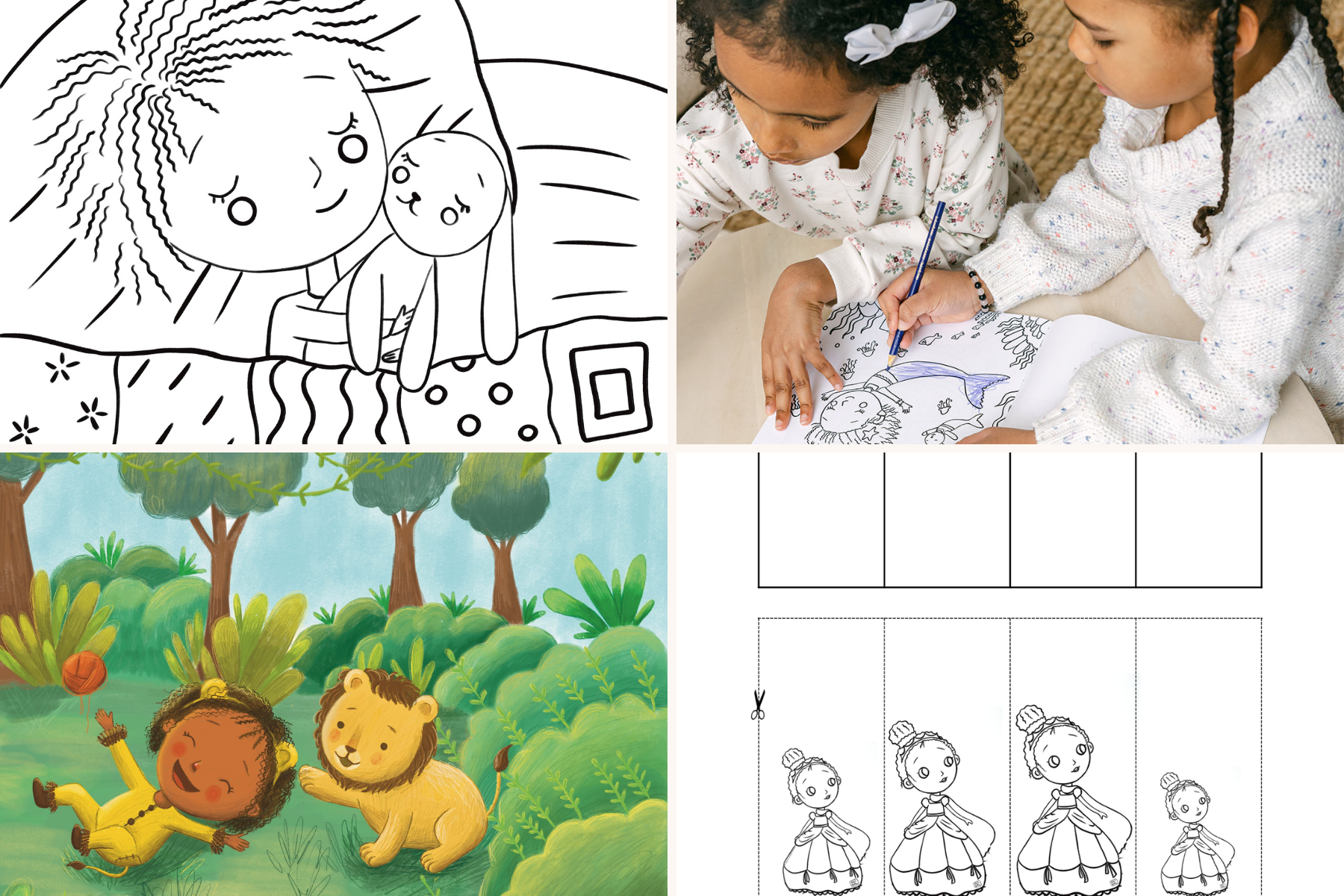 Collage of four images: Top left shows a black-and-white coloring page of a girl with curly hair and a doll, top right shows two girls coloring a picture of a girl with a cape, bottom left shows an illustrated scene of a girl with curly hair in a yellow dress and a lion in a jungle, bottom right shows a sequence of four sketches of a girl with curly hair in a dress, in different poses.