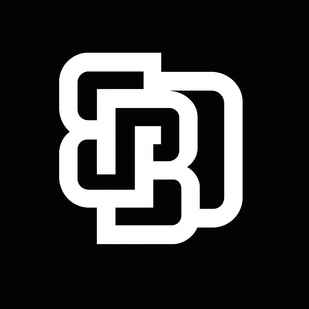 Logo stylisé avec des formes géométriques blanches sur fond noir.