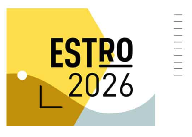 Graphic design featuring the words 'ESTRO 2026' in bold black font, with a yellow and white geometric background.