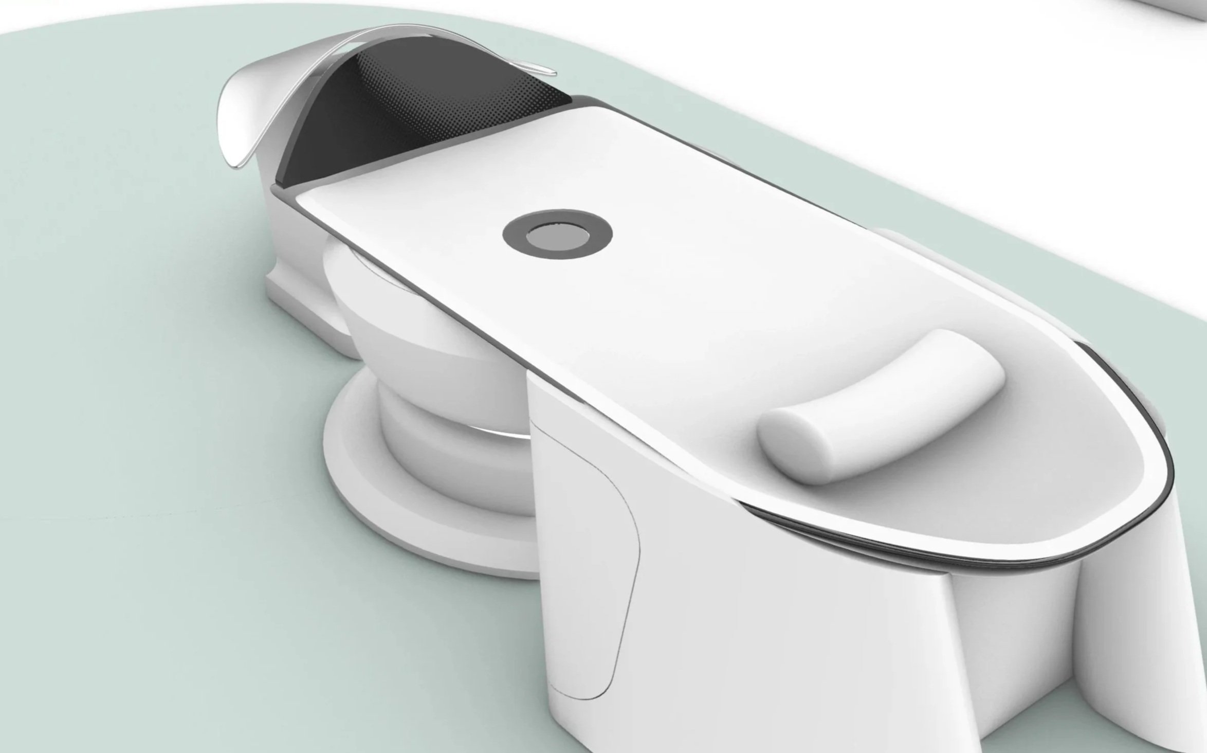 Futuristic white medical device with a sleek design, rounded edges, set against a light-colored clinical background.