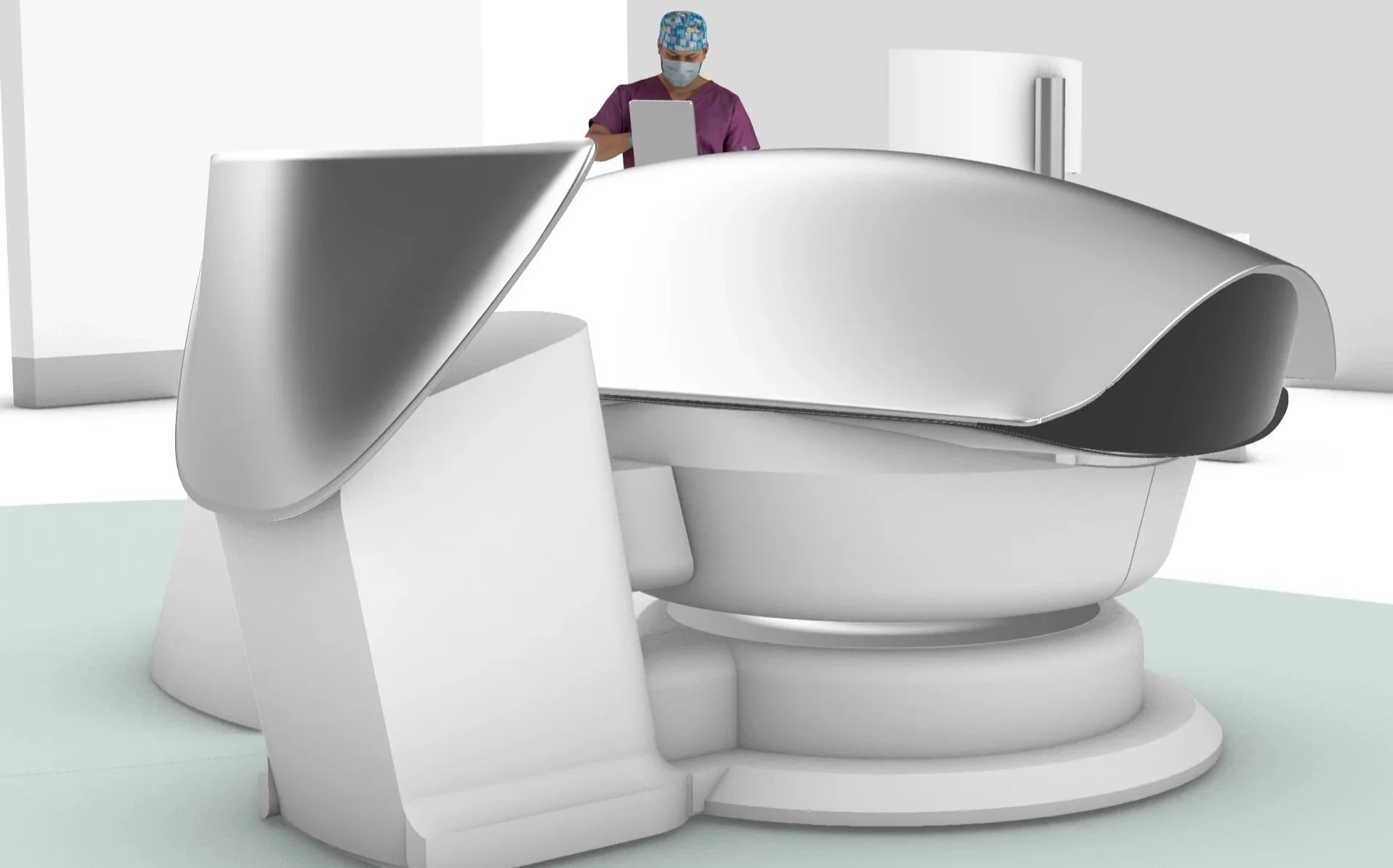 A futuristic medical device in a clean, white clinical setting, with a healthcare worker wearing scrubs and a face mask working in the background.