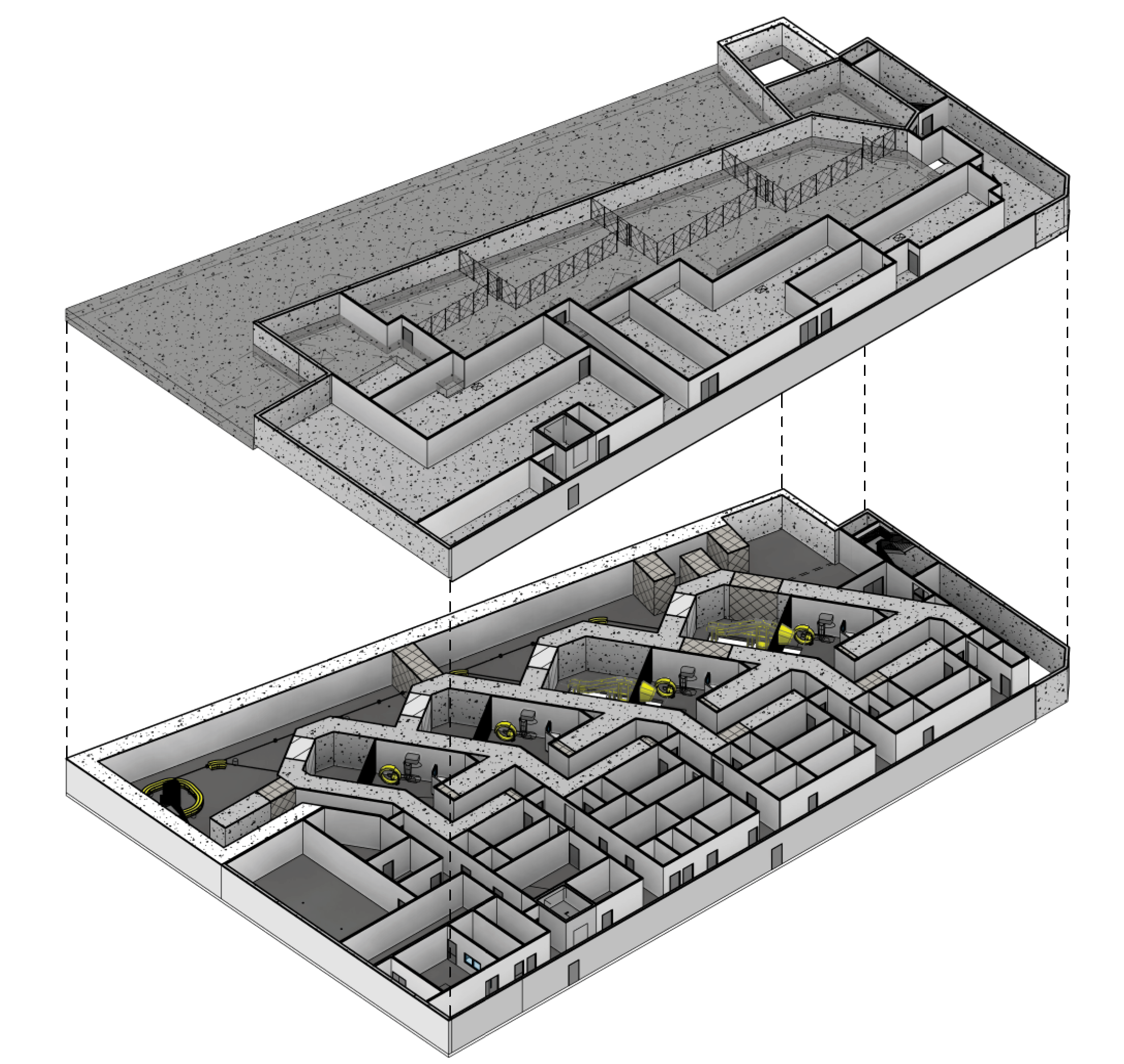Three-level architectural building model with interior and exterior layouts, including rooms, corridors, and construction details.
