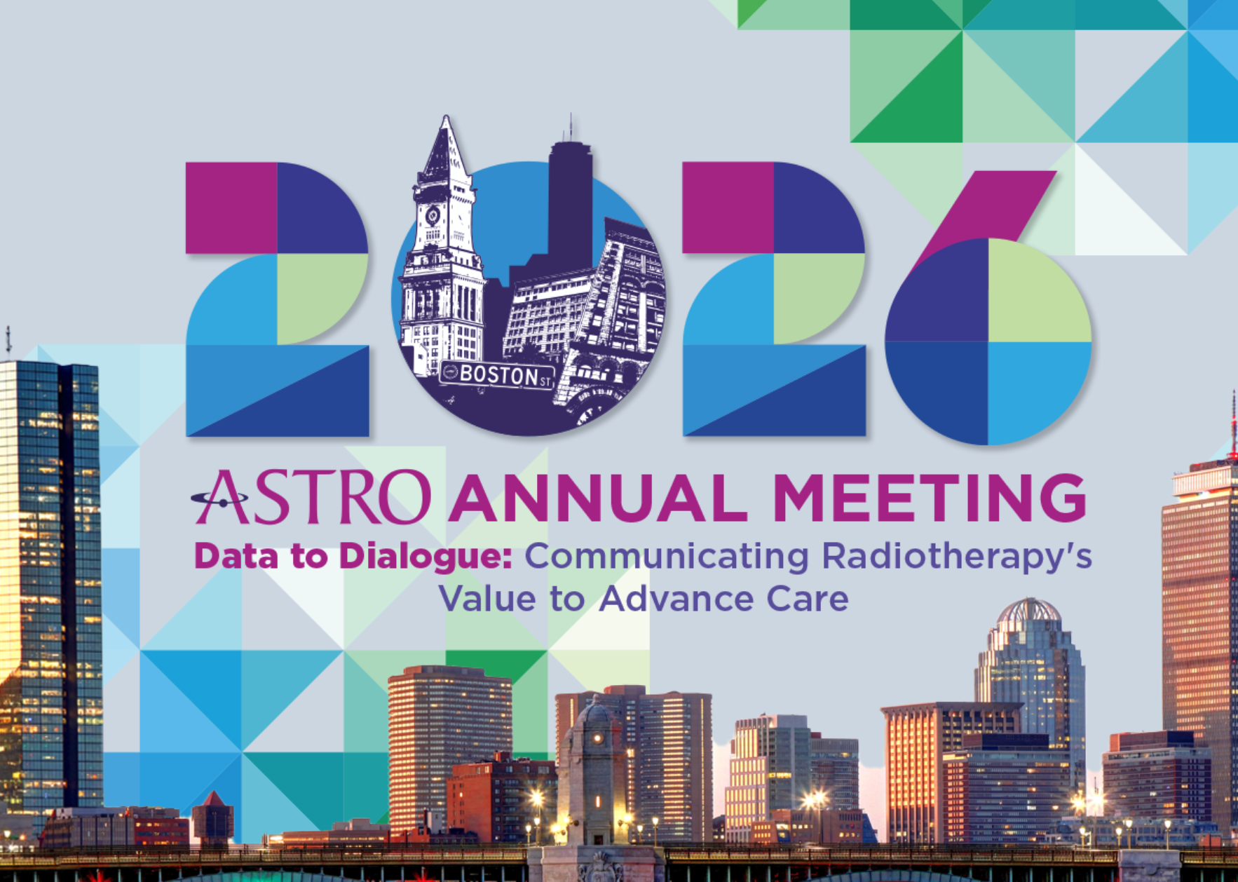 A city skyline featuring tall buildings and skyscrapers with a digital graphic overlay displaying '2020' and a collage of architectural landmarks and geometric patterns. The text reads 'Astro Annual Meeting, Data to Dialogue: Communicating Radiotherapy's Value to Advance Care'.