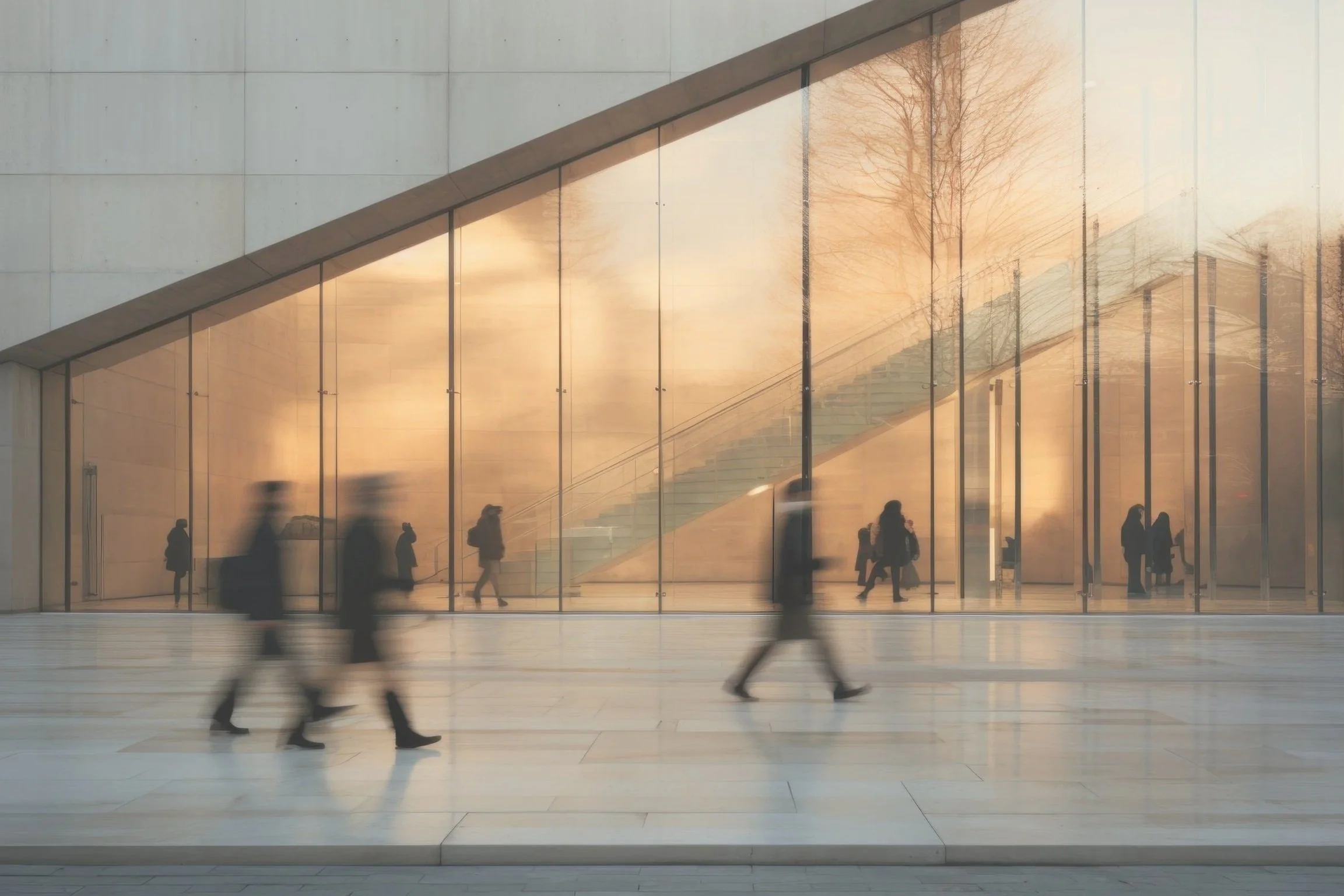 Blurry silhouettes of people walking past a modern building with large, reflective glass windows showing stairs and a tree inside, during sunset.