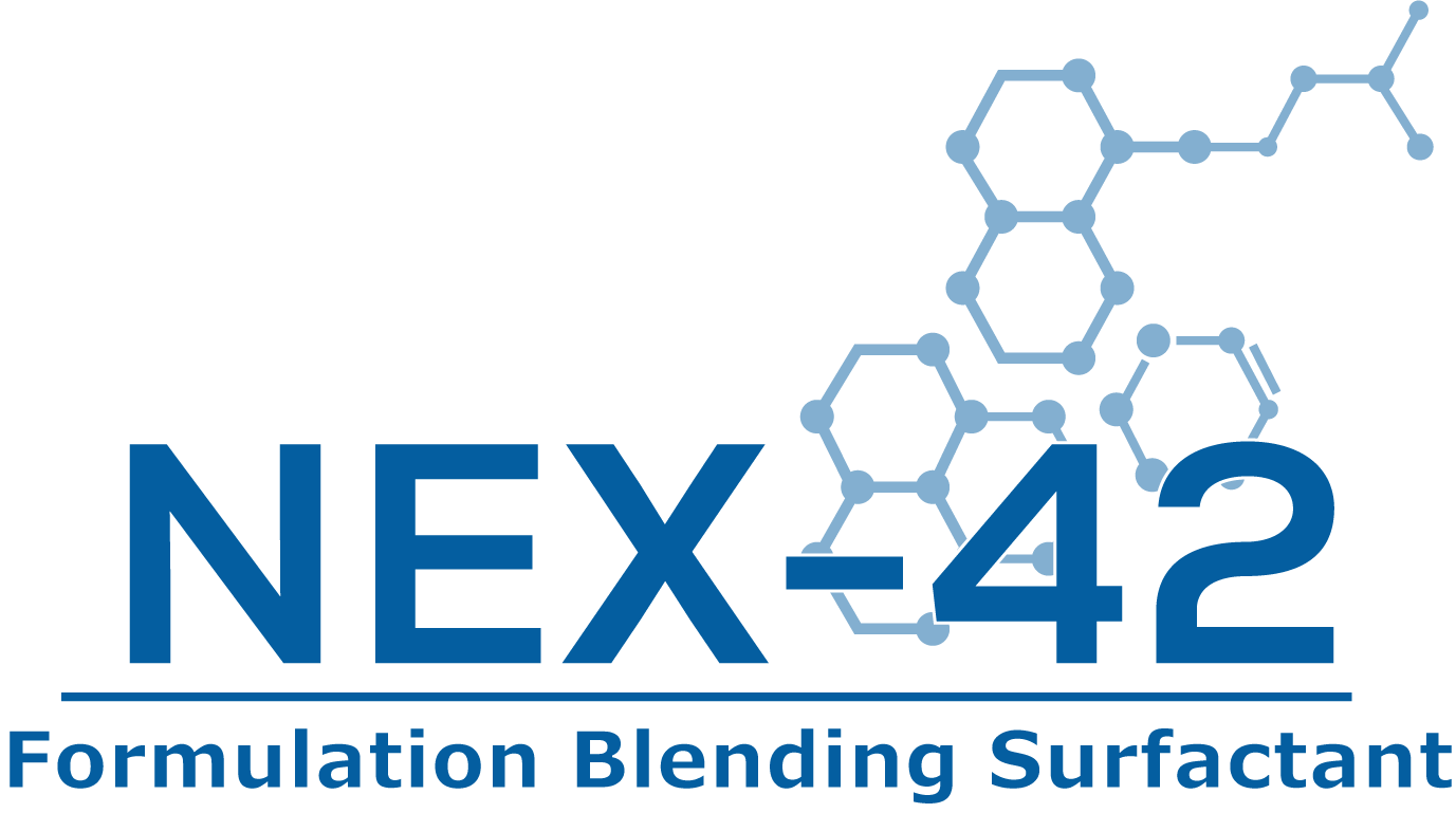 Logo for NEX-42, a formulation blending surfactant, with molecular structure graphic beside the text.