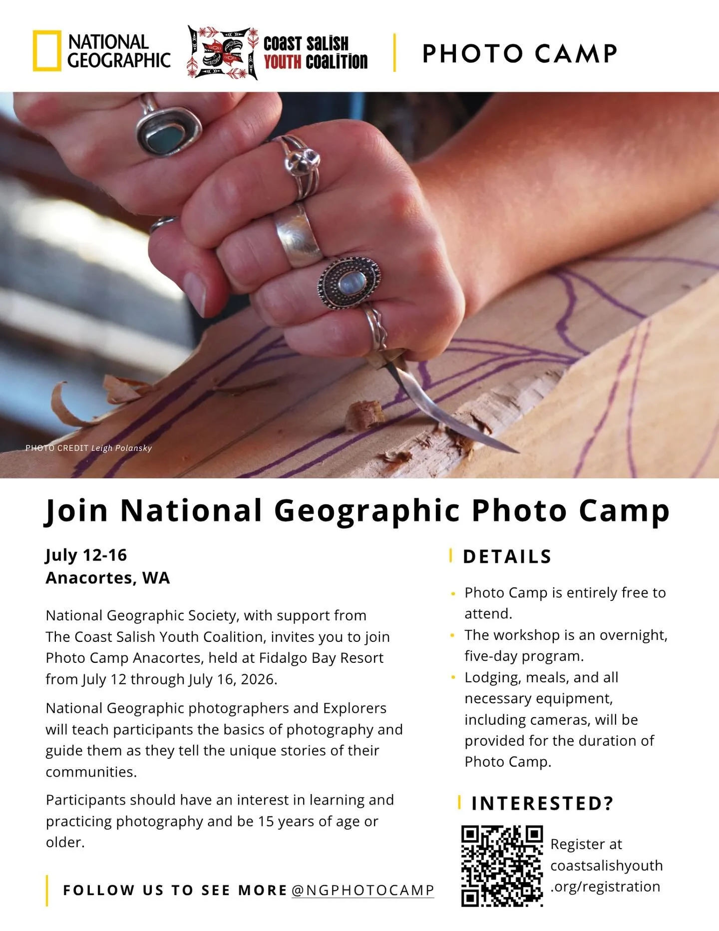 Are you, or do you know someone, who is interested in photography, culture, and nature, and is 15 years or older? We have the camp for you! 📸

This July, National Geographic is partnering with The Coast Salish Youth Coalition and Samish Tribal Membe